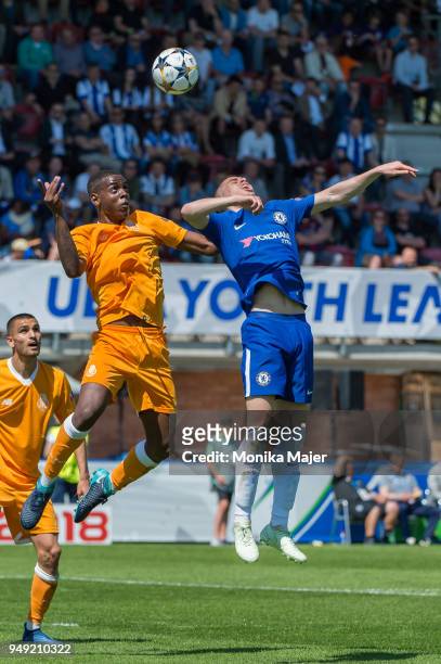 Pedro Justiniano of FC Porto vies with Jacob Maddox of Chelsea FC during the semi-final football match between Chelsea FC and FC Porto of UEFA Youth...