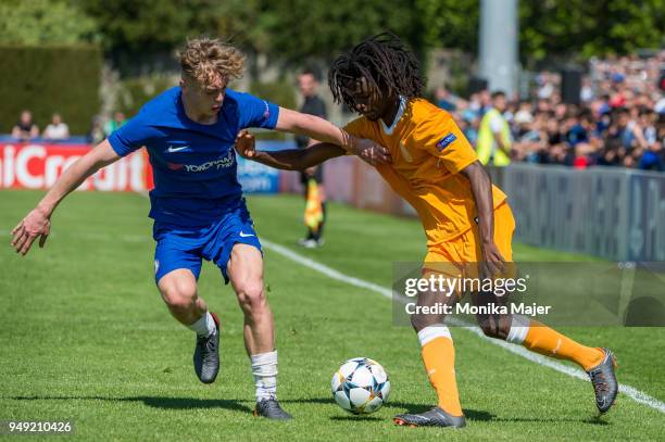 Luke McCormick of Chelsea FC vies Romario Baro of FC Porto with during the semi-final football match between Chelsea FC and FC Porto of UEFA Youth...