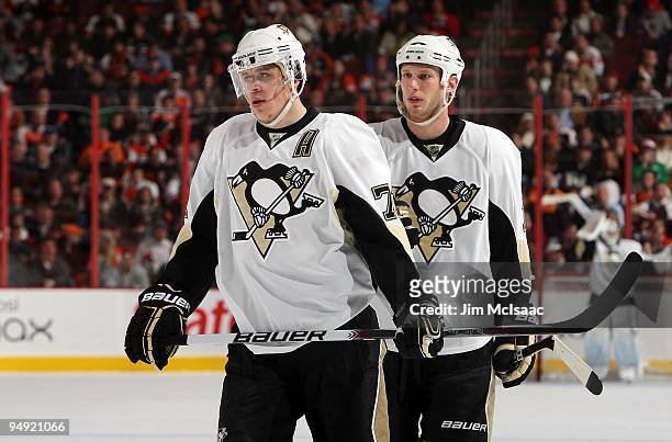 Evgeni Malkin and Jordan Staal of the Pittsburgh Penguins skate against the Philadelphia Flyers on December 17, 2009 at Wachovia Center in...