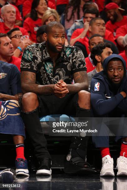 DeMarcus Cousins of the New Orleans Pelicans cheers during the game against the Portland Trail Blazers in Game Three of Round One of the 2018 NBA...