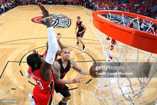 Shabazz Napier of the Portland Trail Blazers shoots the ball against the New Orleans Pelicans in Game Three of Round One of the 2018 NBA Playoffs on...