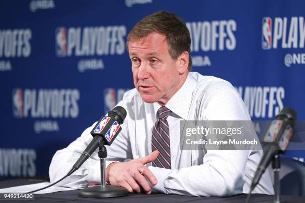 Head Coach Terry Stotts of the Portland Trail Blazers speaks to media after the game against the New Orleans Pelicans in Game Three of Round One of...