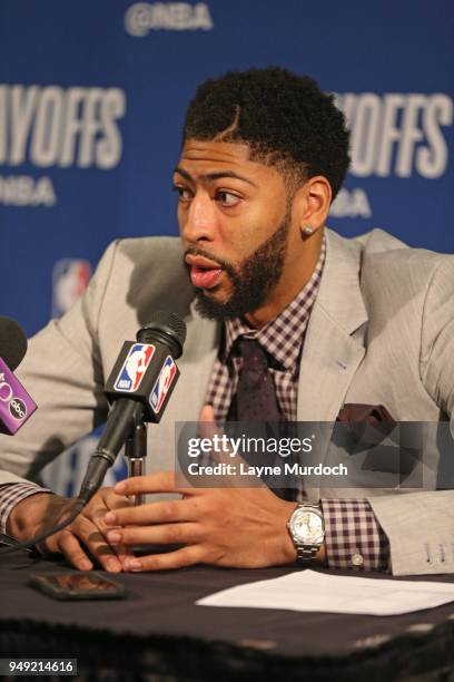Anthony Davis of the New Orleans Pelicans speaks to the media in a press conference after the game against the Portland Trail Blazers in Game Three...