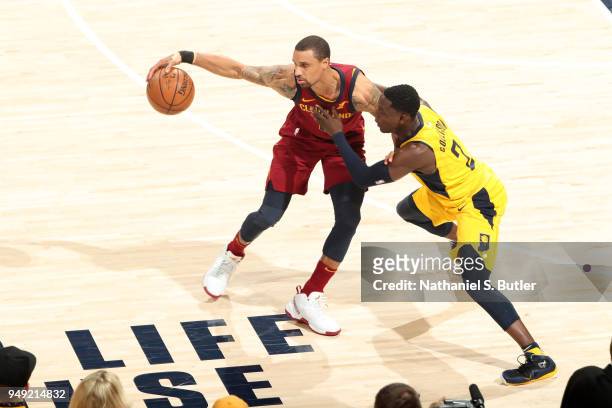 George Hill of the Cleveland Cavaliers handles the ball against the Indiana Pacers in Game Three of Round One of the 2018 NBA Playoffs on April 20,...