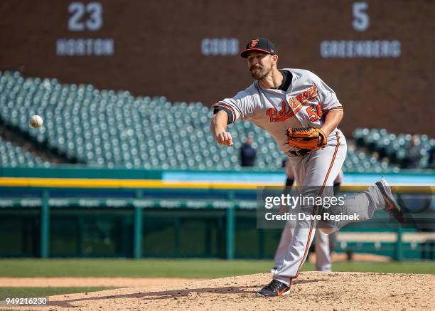 Darren O'Day of the Baltimore Orioles pitches in the eighth inning during a MLB game at Comerica Park on April 18, 2018 in Detroit, Michigan. The...