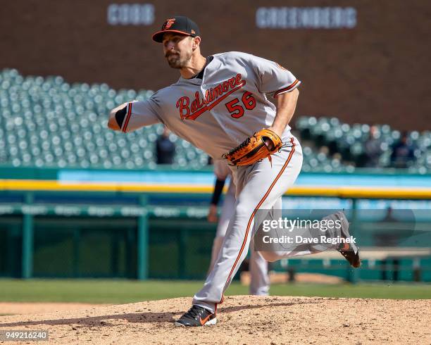 Darren O'Day of the Baltimore Orioles pitches in the eighth inning during a MLB game at Comerica Park on April 18, 2018 in Detroit, Michigan. The...