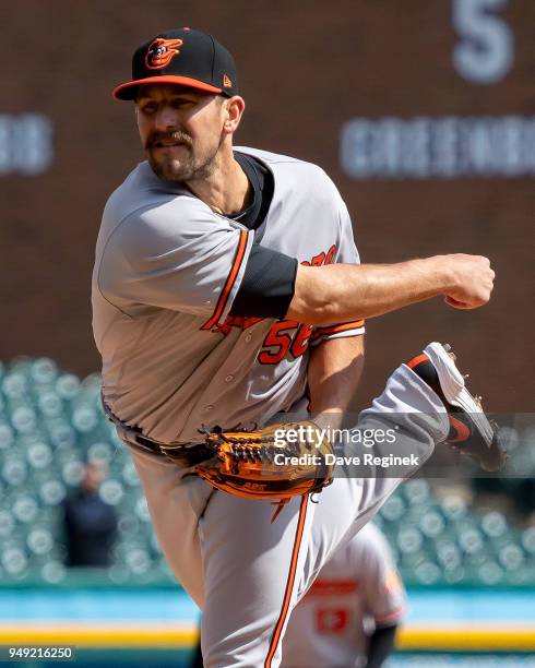 Darren O'Day of the Baltimore Orioles pitches in the eighth inning during a MLB game at Comerica Park on April 18, 2018 in Detroit, Michigan. The...
