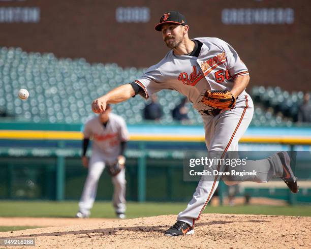 Darren O'Day of the Baltimore Orioles pitches in the eighth inning during a MLB game at Comerica Park on April 18, 2018 in Detroit, Michigan. The...