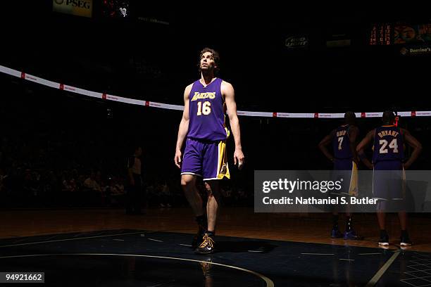 Pau Gasol of the Los Angeles Lakers shows emotion during game against the New Jersey Nets on December 19, 2009 at the IZOD Center in East Rutherford,...