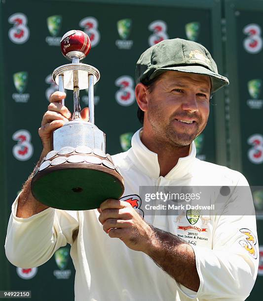 Ricky Ponting Captain of Australia holds up the Frank Worrell trophy after his team won the Third Test match between Australia and the West Indies at...