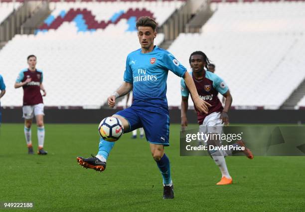 Vlad Dragomir of Arsenal during the match between West Ham United and Arsenal at London Stadium on April 20, 2018 in London, England.