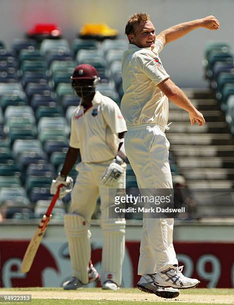 Doug Bollinger of Australia appeals for the wicket of Kemar Roach of the West Indies during the Third Test match between Australia and the West...