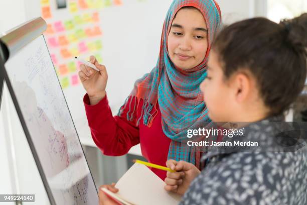 muslim girl and boy studying at home on whiteboard - two young arabic children only indoor portrait stock pictures, royalty-free photos & images