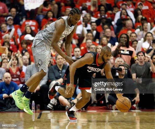 Chris Paul of the Houston Rockets steals the ball from Andrew Wiggins of the Minnesota Timberwolves during Game Two of the first round of the Western...