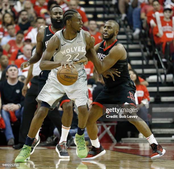 Andrew Wiggins of the Minnesota Timberwolves looks to post up Chris Paul of the Houston Rockets during Game Two of the first round of the Western...