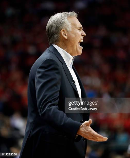 Head. Coach Mike D'Antoni of the Houston Rockets reacts to an officials call during Game Two of the first round of the Western Conference playoffs at...