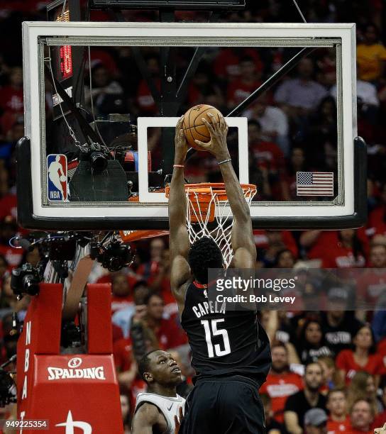 Clint Capela of the Houston Rockets dunks against the Minnesota Timberwolves during Game Two of the first round of the Western Conference playoffs at...