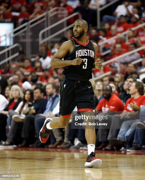 Chris Paul of the Houston Rockets during Game Two of the first round of the Western Conference playoffs at Toyota Center on April 18, 2018 in...