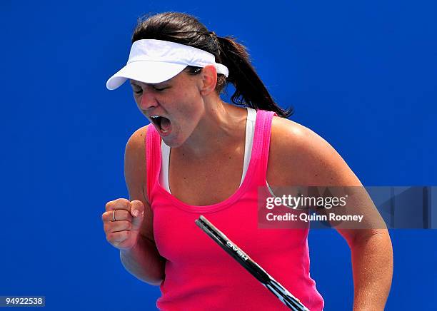 Casey Dellacqua of Australia celebrates winning a point during the Australian Open Play Off Final between Casey Dellacqua and Olivia Rogowska on...