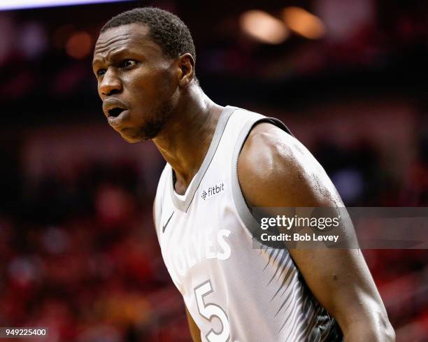 Gorge Dieng of the Minnesota Timberwolves reacts after being called for a foul against the Minnesota Timberwolves during Game Two of the first round...