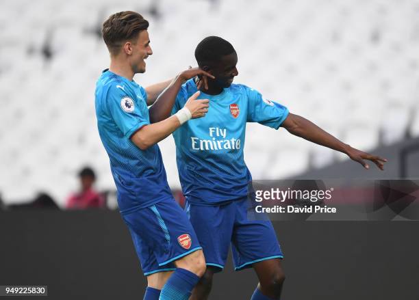 Eddie Nketiah celebrates scoring Arsenal's 2nd goal with Vlad Dragomir during the match between West Ham United and Arsenal at London Stadium on...