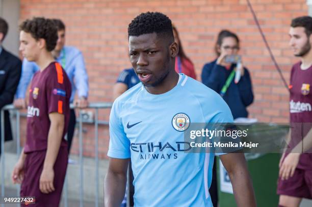 Tom Dele-Bashiru of Manchester City looks on during the semi-final football match between Manchester City and FC Barcelona of UEFA Youth League at...