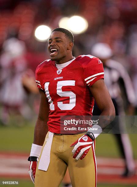 Michael Crabtree of the San Francisco 49ers stands on the field prior to their game against the Arizona Cardinals at Candlestick Park on December 14,...