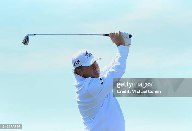 David Frost of South Africa hits his tee shot on the ninth hole during the second round of the PGA TOUR Champions Bass Pro Shops Legends of Golf at...