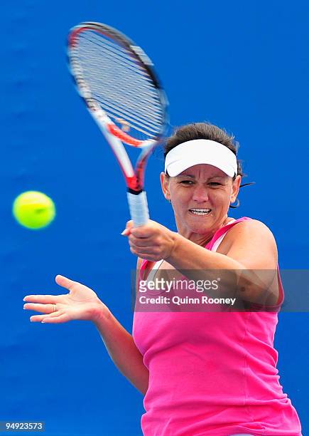 Casey Dellacqua of Australia plays a forehand during the Australian Open Play Off Final between Casey Dellacqua and Olivia Rogowska on December 20,...