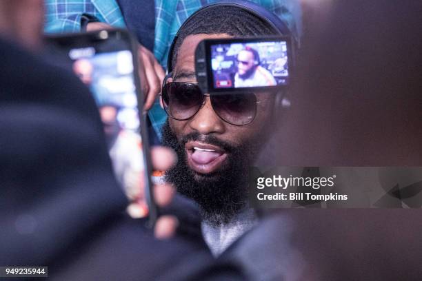 Adrien Broner speaks to the meida during the Final press Conference for his upcoming Welterweight fight against Jesse Vargas at Barclays Center on...