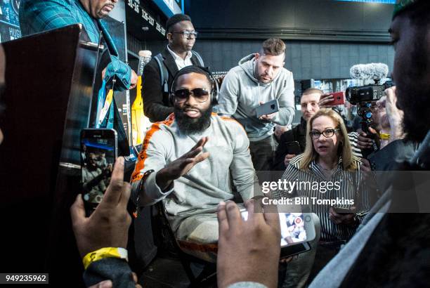 Adrien Broner speaks to the meida during the Final press Conference for his upcoming Welterweight fight against Jesse Vargas at Barclays Center on...