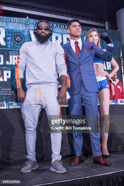 Adrien Broner and Jesse Vargas pose during the Final PRess conference for their upcoming Welterwieght fight at Barclays Center on April 19, 2018 in...