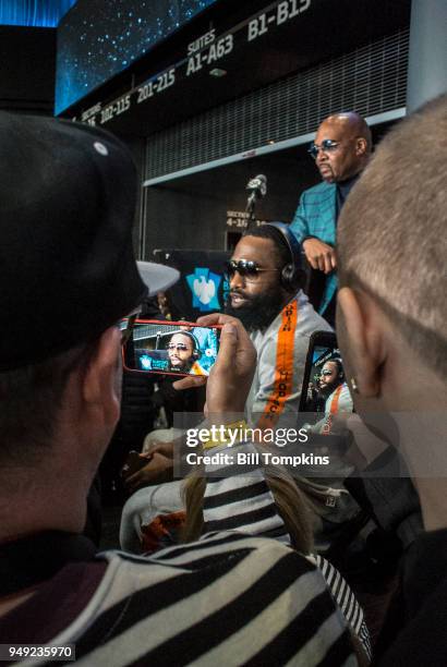 Adrien Broner speaks to the meida during the Final press Conference for his upcoming Welterweight fight against Jesse Vargas at Barclays Center on...