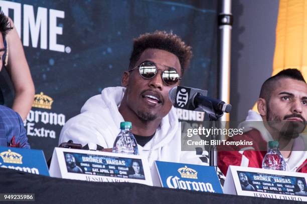 Jermall Charlo speaks to the media during the Final Press conference for his upcoming Middleweight Championship fight against Hugo Centeno at...