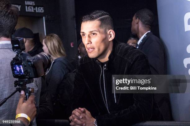 Hugo Centeno Jr speaks to the media during the Final Press conference for his Middleweight Championship fight against Jermall Charlo at Barclays...