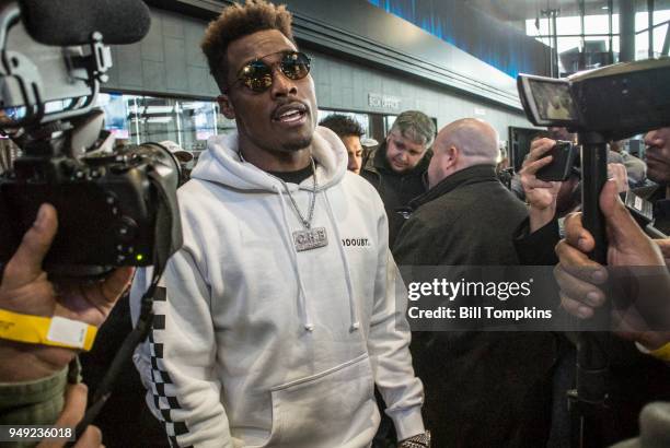 Jermall Charlo speaks to the media during the Final Press conference for his upcoming Middleweight Championship fight against Hugo Centeno at...