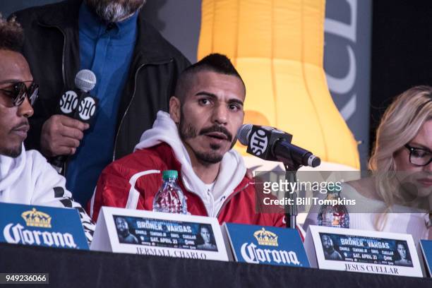 Jesus Cuellar speaks to the media during the Final Press conference for his upcoming Super Featherweight fight against Gervonta Davis"n at Barclays...