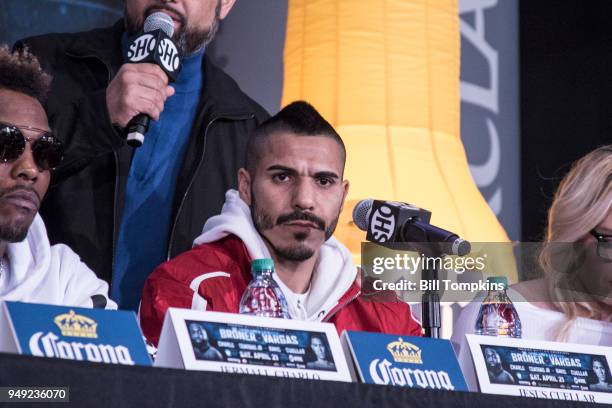 Jesus Cuellar speaks to the media during the Final Press conference for his upcoming Super Featherweight fight against Gervonta Davis"n at Barclays...