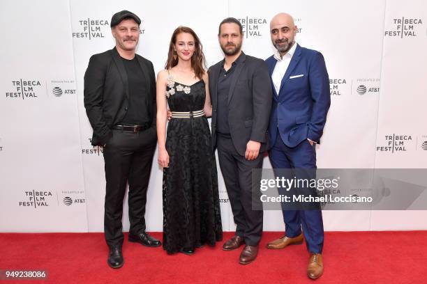 Fatih Al, Viky Papadopoulou, Adam Bousdoukos and Ozgur Karadeniz attend the screening of "Smuggling Hendrix" during the Tribeca Film Festival at...