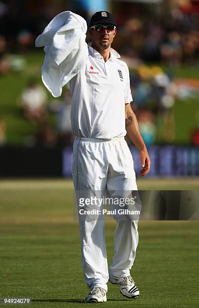 Kevin Pietersen of England signals to the England backroom staff at the side of the outfield during day four of the first test match between South...