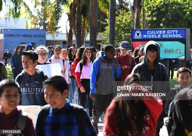 Students from the Culver City Middle School participate in a walkout demonstration as part of the National School Walkout for Gun Violence Prevention...