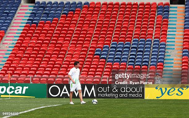 Robbie Fowler of the Fury warms up in front of an empty grandstand before the round 20 A-League match between the Newcastle Jets and the North...