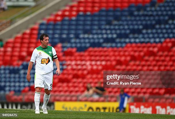 Robbie Fowler of the Fury looks on in front of an empty grandstand during the round 20 A-League match between the Newcastle Jets and the North...