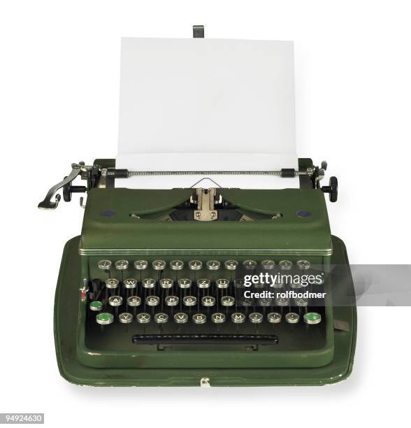 vintage, green typewriter with paper on white background - typewriter stock pictures, royalty-free photos & images