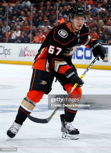 Rickard Rakell of the Anaheim Ducks skates in Game Two of the Western Conference First Round against the San Jose Sharks during the 2018 NHL Stanley...