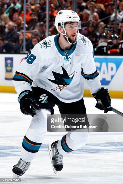 Melker Karlsson of the San Jose Sharks skates in Game Two of the Western Conference First Round against the Anaheim Ducks during the 2018 NHL Stanley...