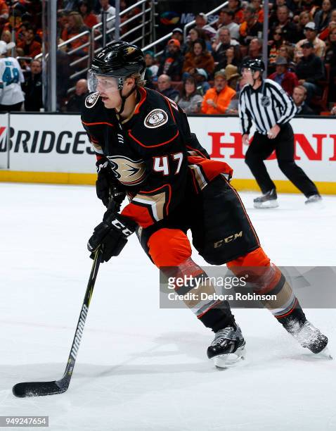 Hampus Lindholm of the Anaheim Ducks skates with the puck in Game Two of the Western Conference First Round against the San Jose Sharks during the...