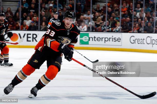 Jakob Silfverberg of the Anaheim Ducks skates in Game Two of the Western Conference First Round against the San Jose Sharks during the 2018 NHL...