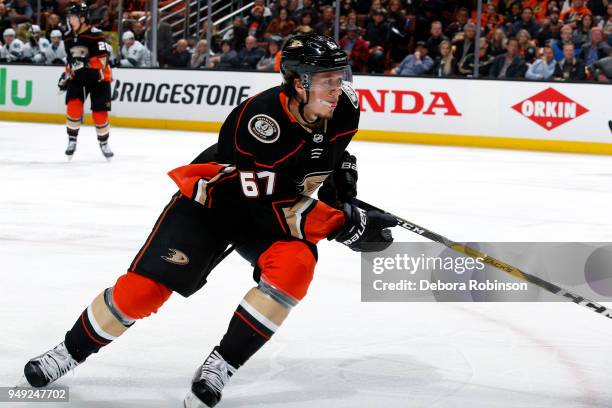 Rickard Rakell of the Anaheim Ducks skates in Game Two of the Western Conference First Round against the San Jose Sharks during the 2018 NHL Stanley...