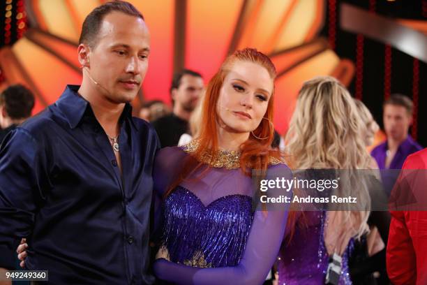 Barbara Meier and Sergui Luca look dejected during the 5th show of the 11th season of the television competition 'Let's Dance' on April 20, 2018 in...
